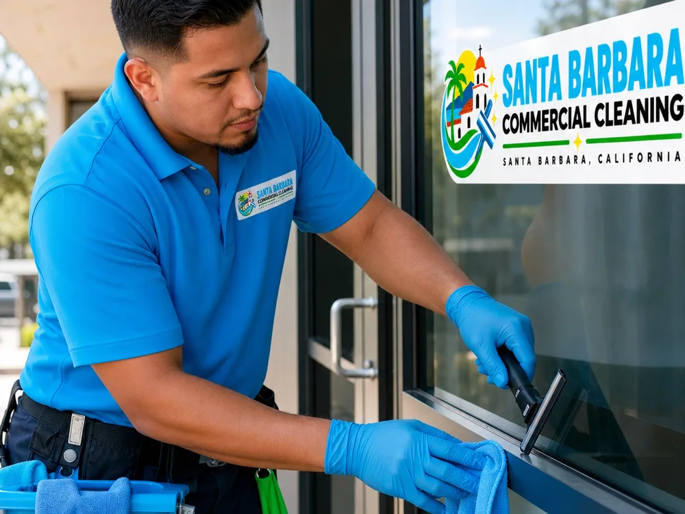 Technician detailing window edges and wiping an office entry-door sill with professional window cleaning tools
