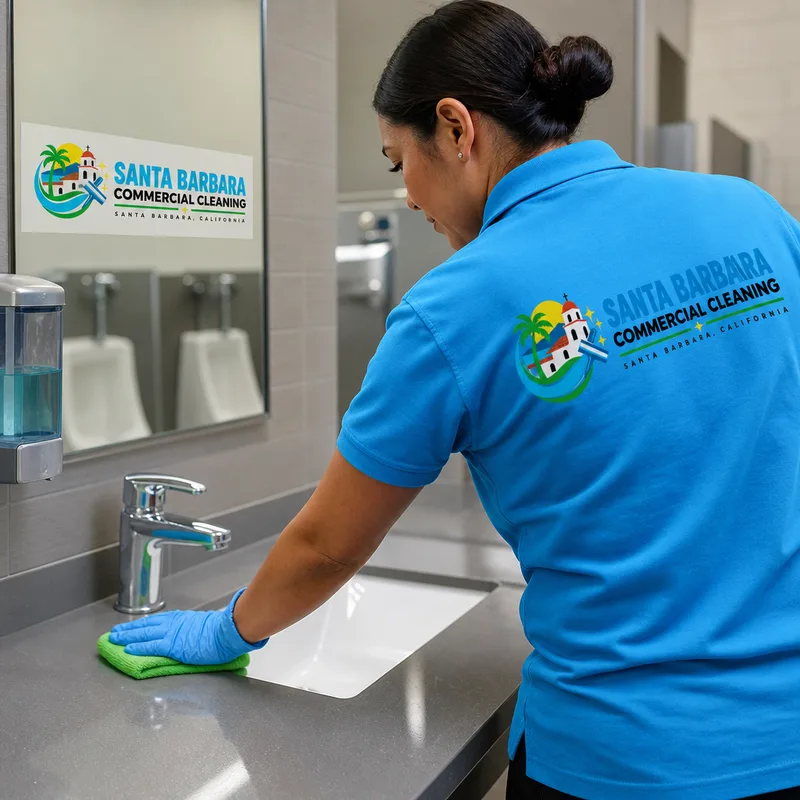 Clean and fully stocked commercial restroom with wiped fixtures, spotless mirrors, and filled dispensers