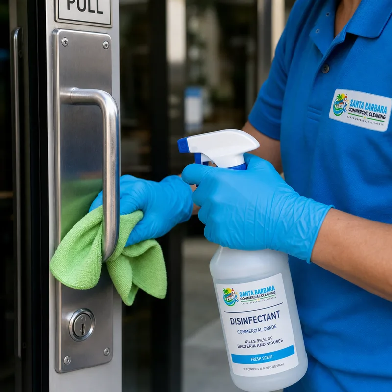 Gloved hands disinfecting high-touch door hardware with labeled disinfectant and a microfiber cloth