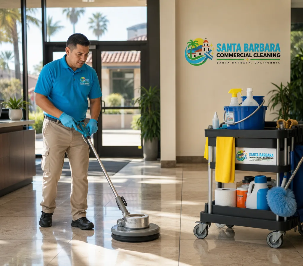Commercial cleaner restocking supplies and finishing floors in a professional Santa Barbara office lobby