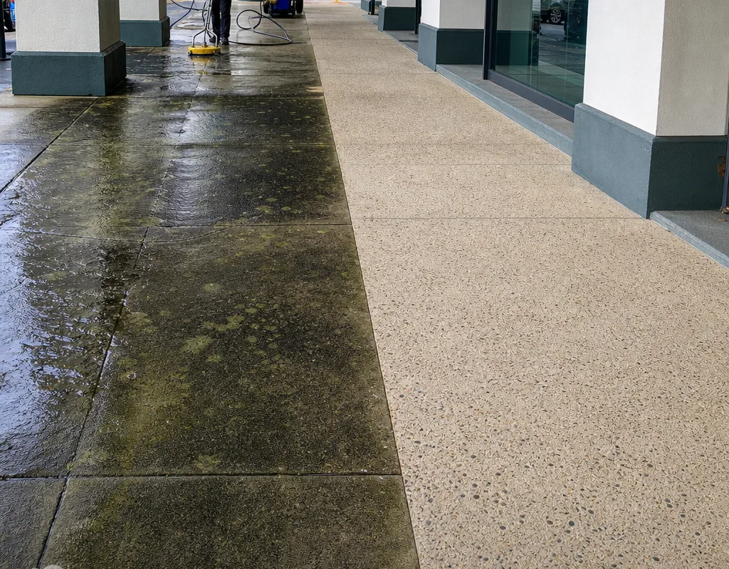Before-and-after comparison of an algae-darkened storefront sidewalk and the same concrete evenly cleaned without striping