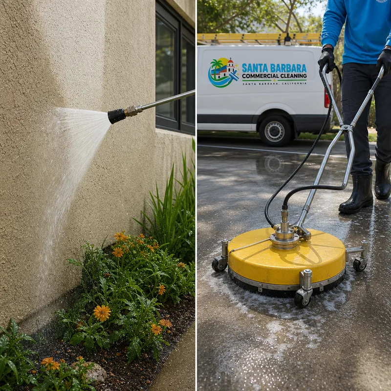 Low-pressure soft-wash rinse on stucco beside a surface cleaner working on concrete near protected landscaping