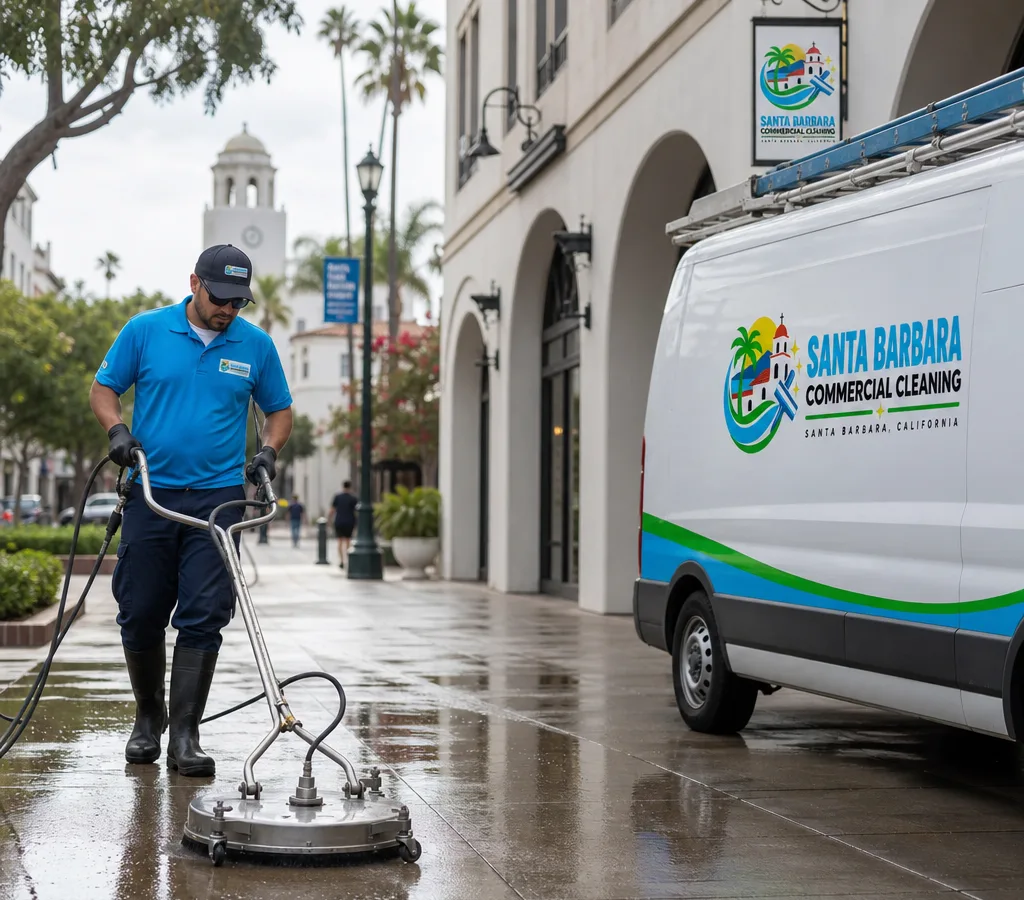 Technician pressure washing a commercial sidewalk in downtown Santa Barbara with a surface cleaner near storefronts and a pedestrian area