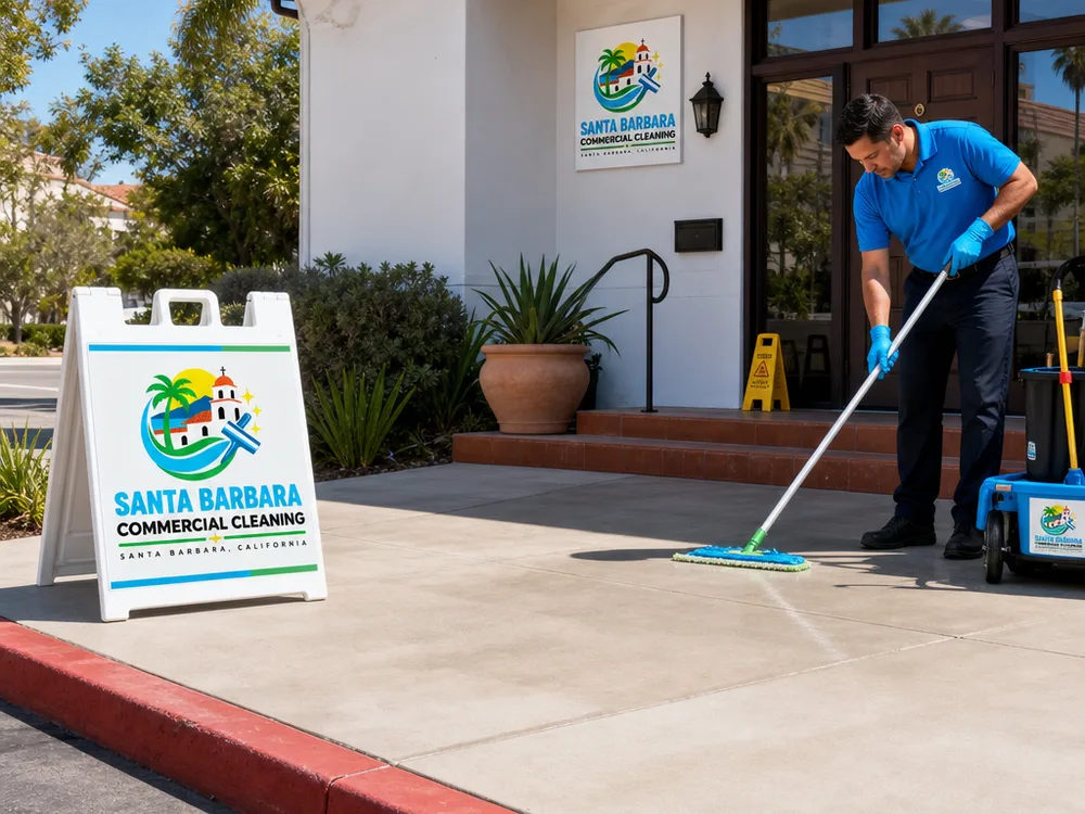 Clean commercial building entry with brightened concrete, a tidy curb line, and protected painted trim