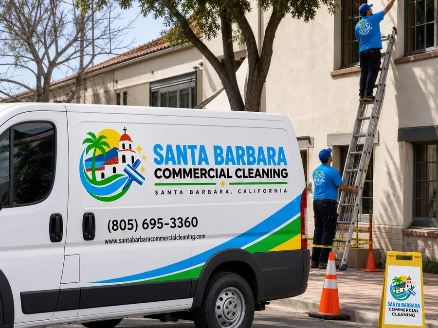 Uniformed cleaner mopping a high-traffic commercial entryway with a wet-floor sign and microfiber tools