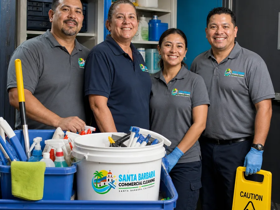 Small commercial janitorial team in uniform standing beside labeled cleaning supplies