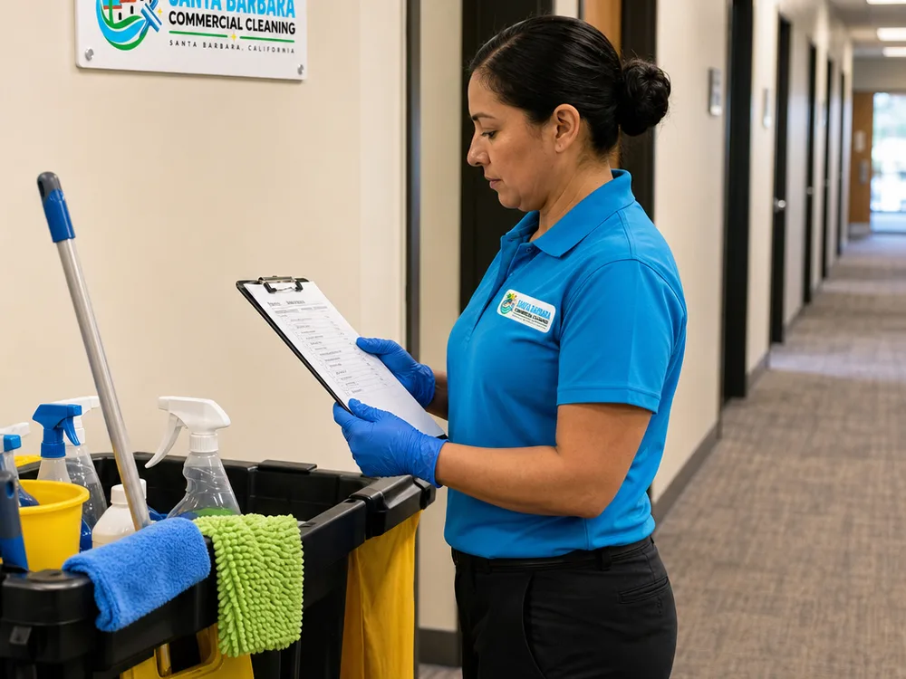 Cleaner reviewing a printed checklist while staging a janitorial cart in a commercial hallway